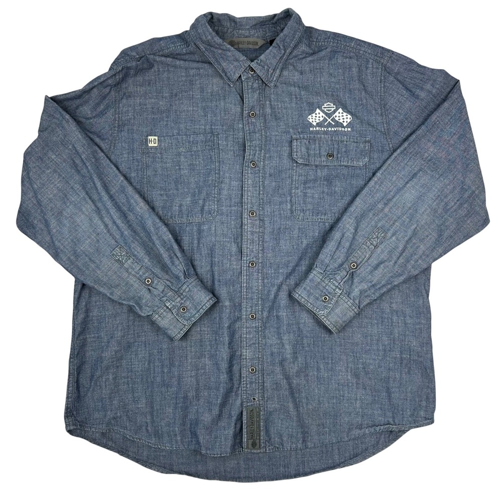 Harley-Davidson Mens 2XL Blue Chambray Button Down Racing Flag Snap Collar Shirt